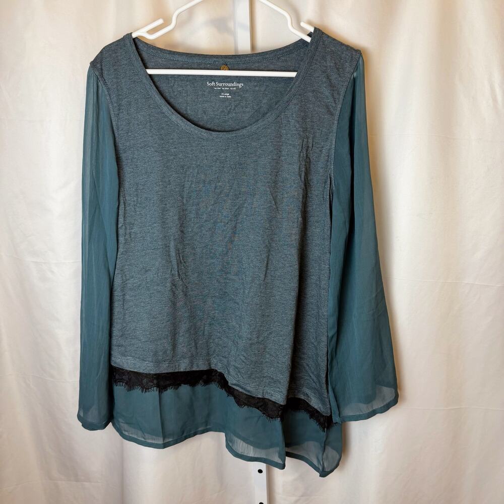 Soft Surroundings XL Layered Chiffon Top Teal Green Asymmetrical Hem‎ Lace Trim